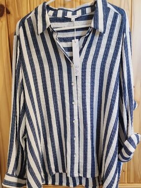 Jane and Delancey Blue & White Vertical Stripe Button-Down Shirt